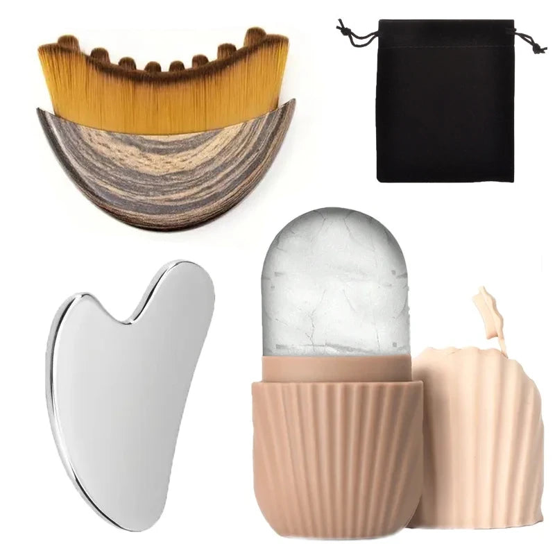 Kit Massage Visage – Gua Sha Inox, Rouleau Glaçant & Brosse Drainante
