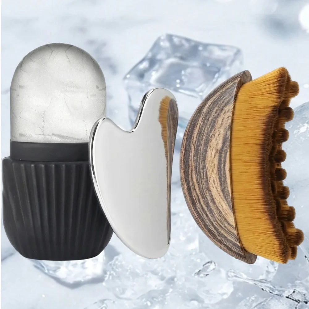 Kit Massage Visage – Gua Sha Inox, Rouleau Glaçant & Brosse Drainante