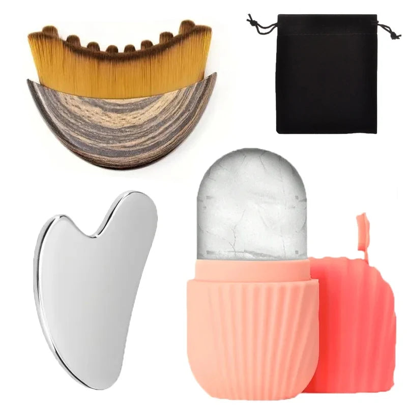 Kit Massage Visage – Gua Sha Inox, Rouleau Glaçant & Brosse Drainante
