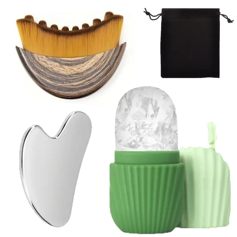 Kit Massage Visage – Gua Sha Inox, Rouleau Glaçant & Brosse Drainante