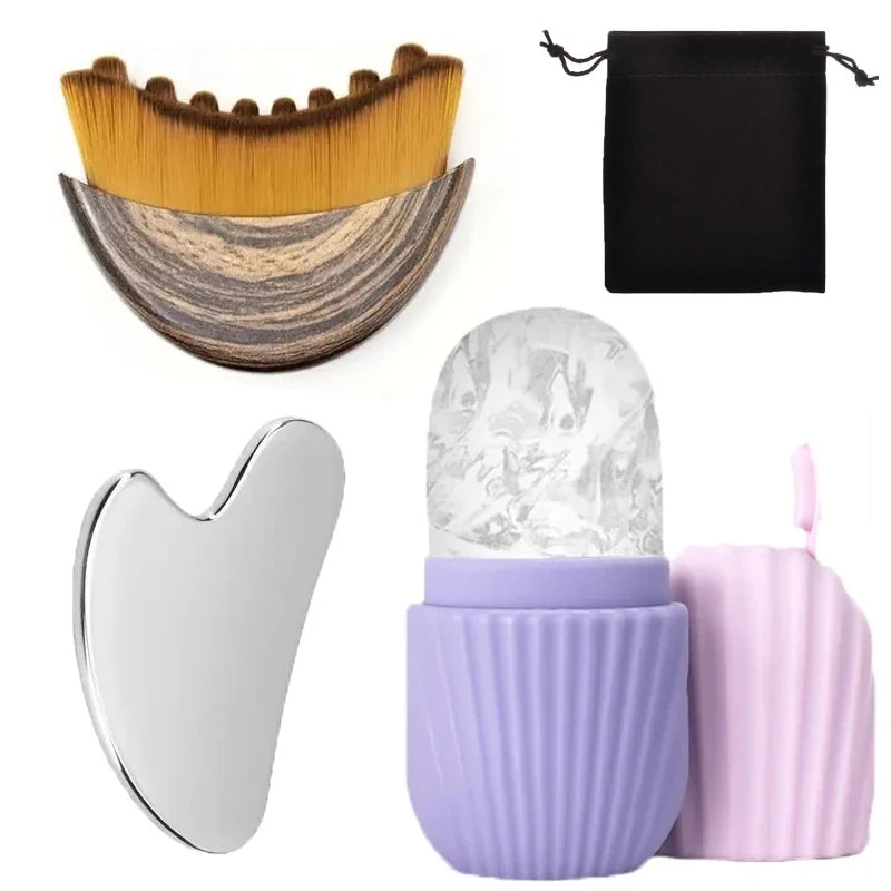 Kit Massage Visage – Gua Sha Inox, Rouleau Glaçant & Brosse Drainante