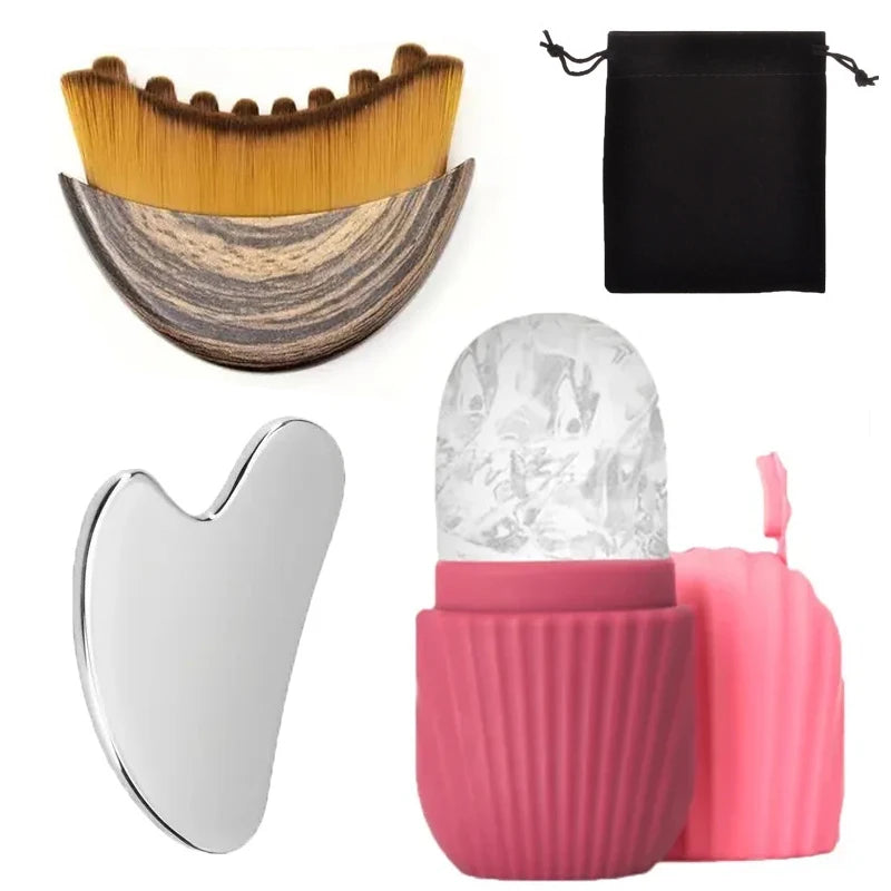 Kit Massage Visage – Gua Sha Inox, Rouleau Glaçant & Brosse Drainante