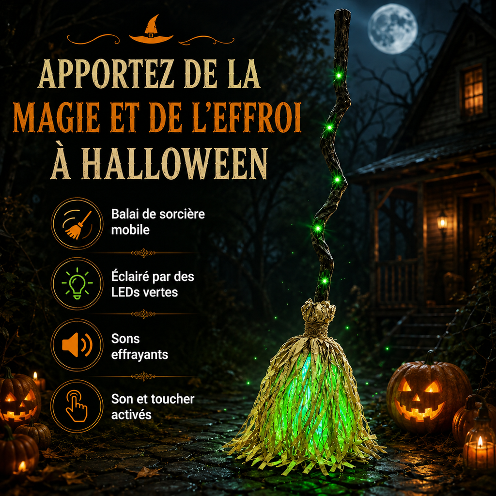 Balai de Sorcière Animé Halloween – Lumières, Sons & Mouvement