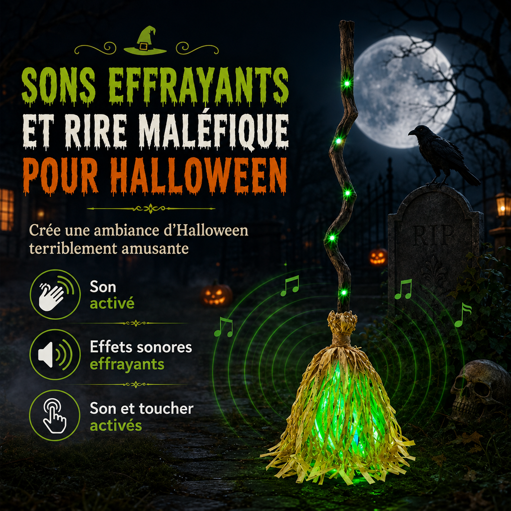 Balai de Sorcière Animé Halloween – Lumières, Sons & Mouvement