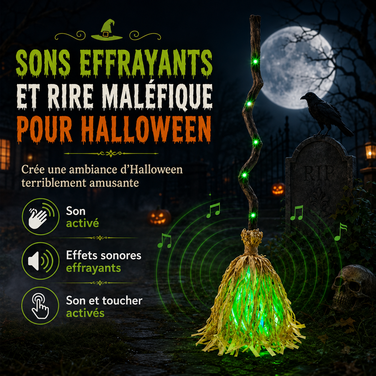 Balai de Sorcière Animé Halloween – Lumières, Sons & Mouvement