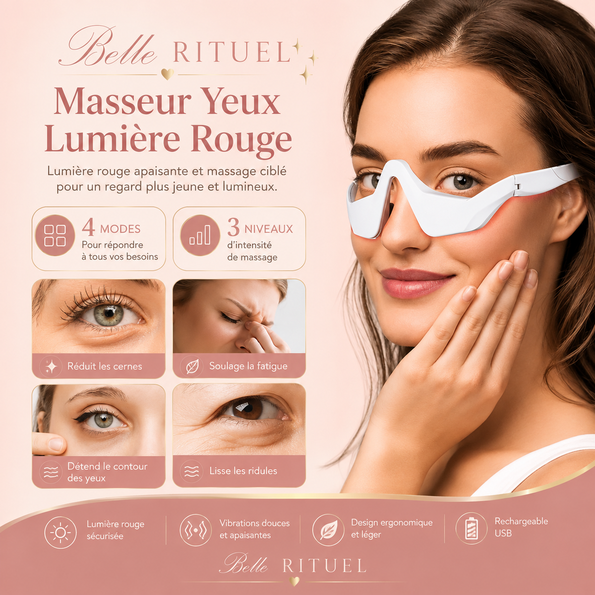 Masseur Yeux 3D Lumière Rouge | Anti-Cernes, Poches & Regard Éclatant