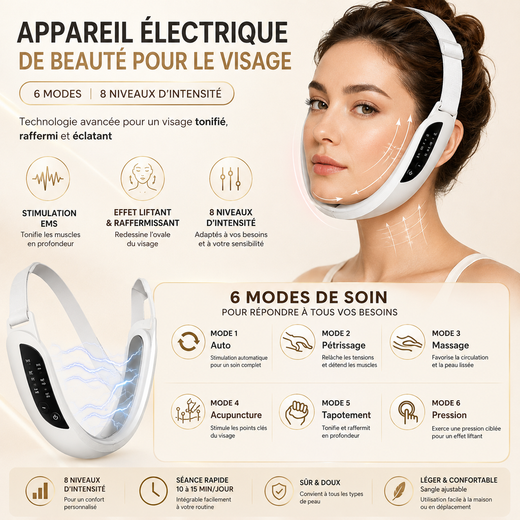 Appareil Lifting Visage Électrique | 6 Modes · 8 Niveaux · LED 5 Couleurs