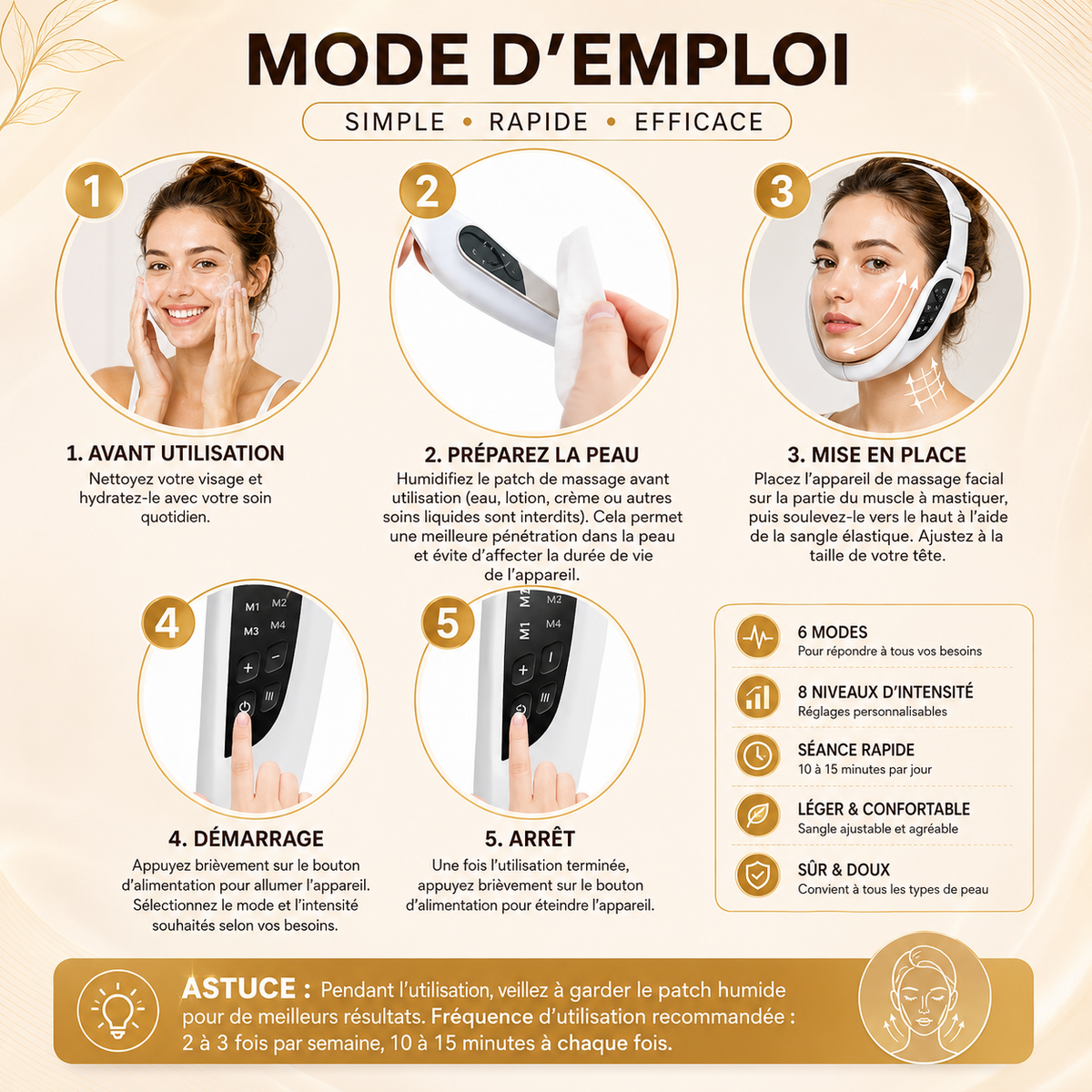 Appareil Lifting Visage Électrique | 6 Modes · 8 Niveaux · LED 5 Couleurs