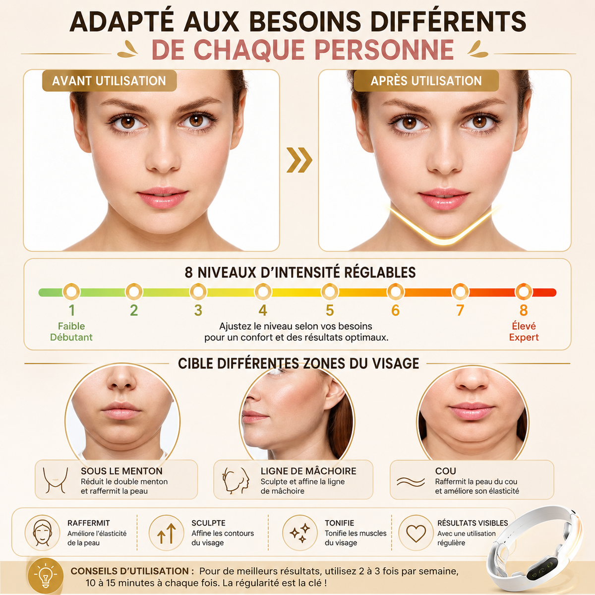 Appareil Lifting Visage Électrique | 6 Modes · 8 Niveaux · LED 5 Couleurs