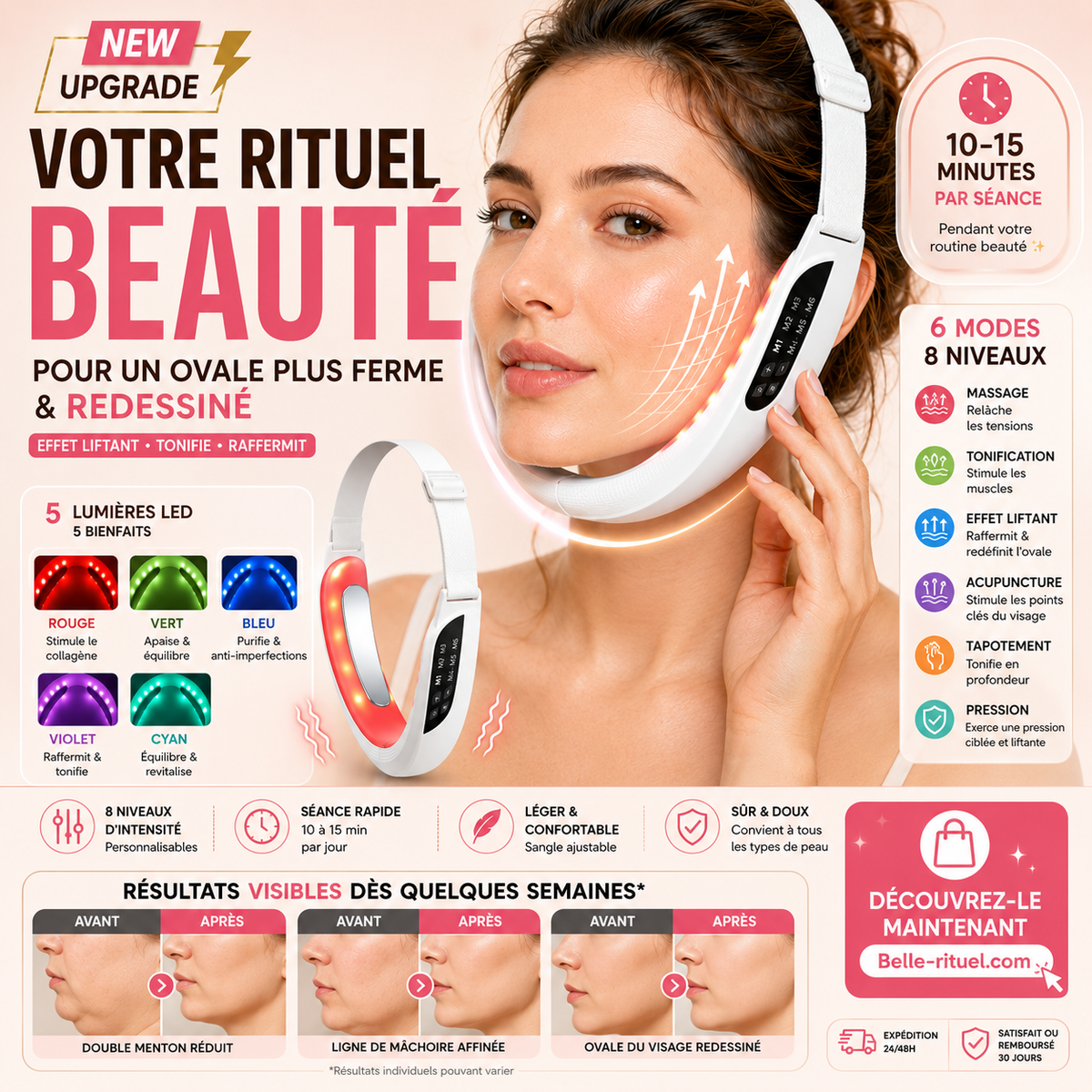 Appareil Lifting Visage Électrique | 6 Modes · 8 Niveaux · LED 5 Couleurs