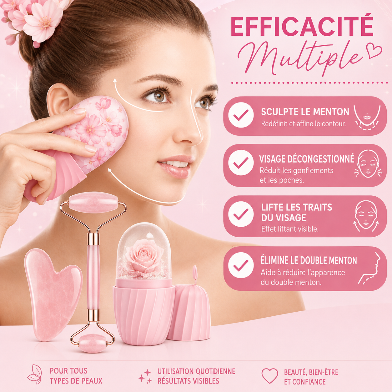 Coffret Rituel Visage – Rouleau Facial & Gua Sha en Résine (3 pièces)
