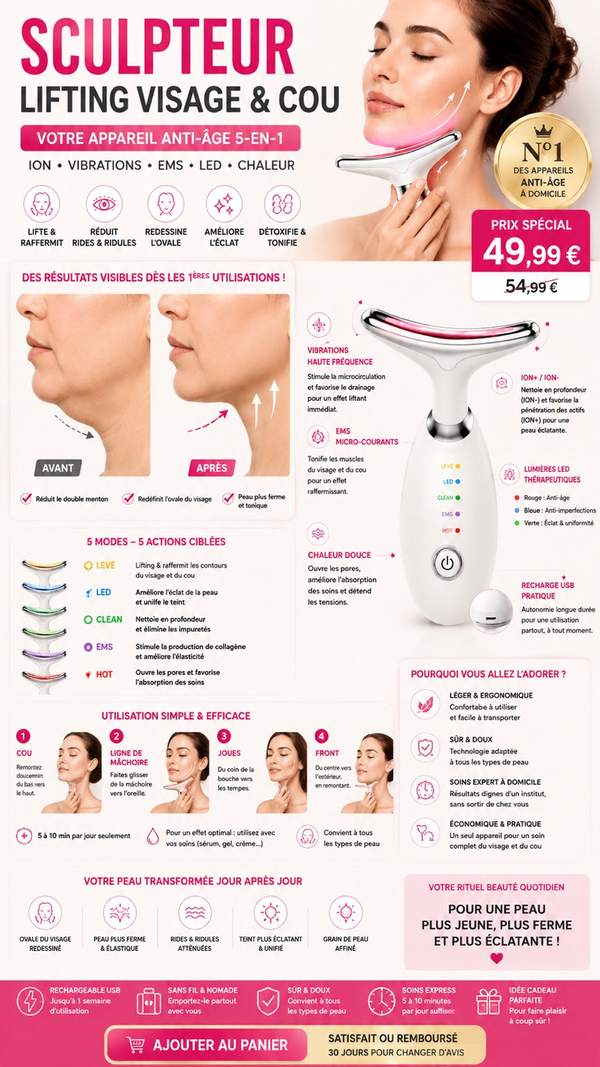Sculpteur de Visage – Appareil Anti-Âge Ions, Vibrations & LED