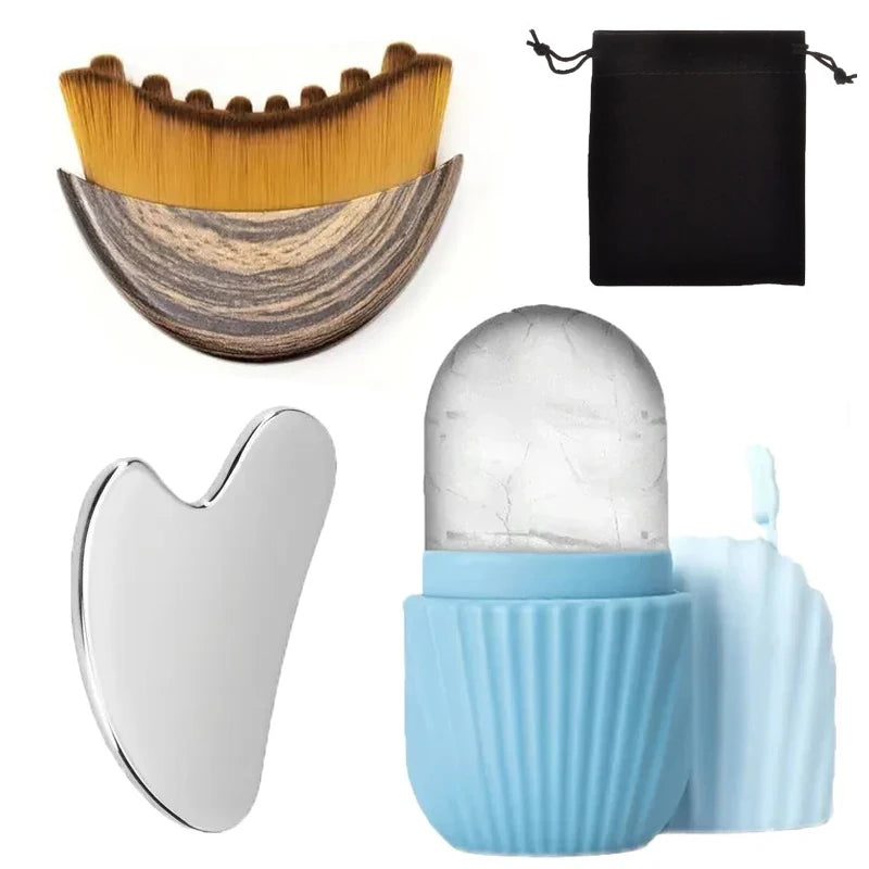 Kit Massage Visage – Gua Sha Inox, Rouleau Glaçant & Brosse Drainante