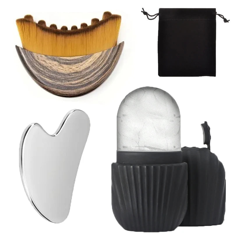 Kit Massage Visage – Gua Sha Inox, Rouleau Glaçant & Brosse Drainante
