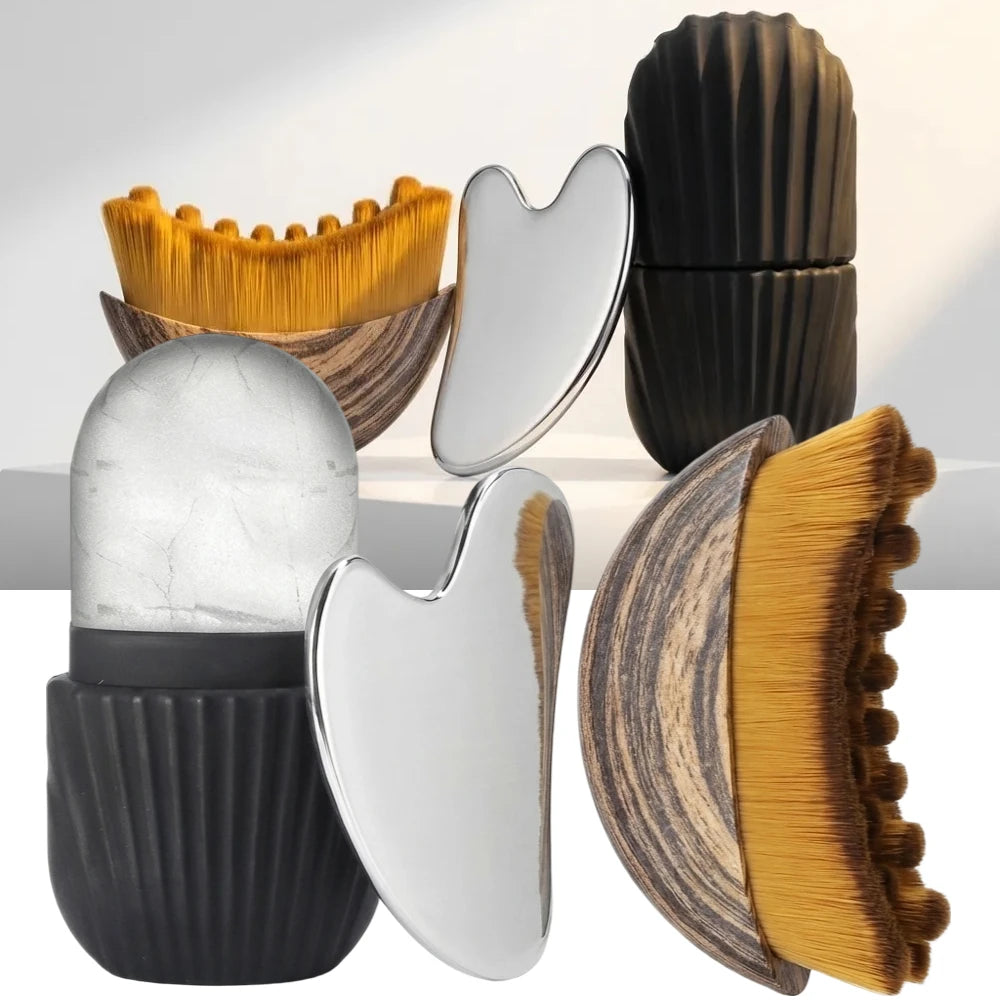 Kit Massage Visage – Gua Sha Inox, Rouleau Glaçant & Brosse Drainante